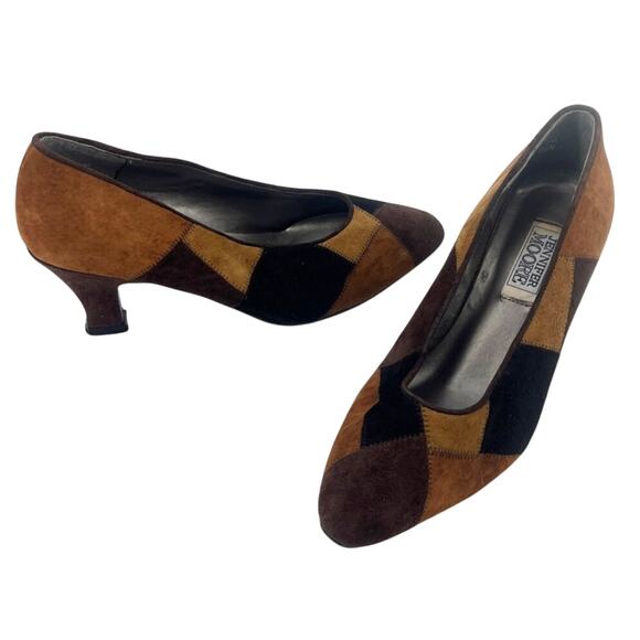 Vintage 90s Jennifer Moore Patchwork Suede Pumps Women Shoes 8.5N Brown Heritage - Picture 3 of 9